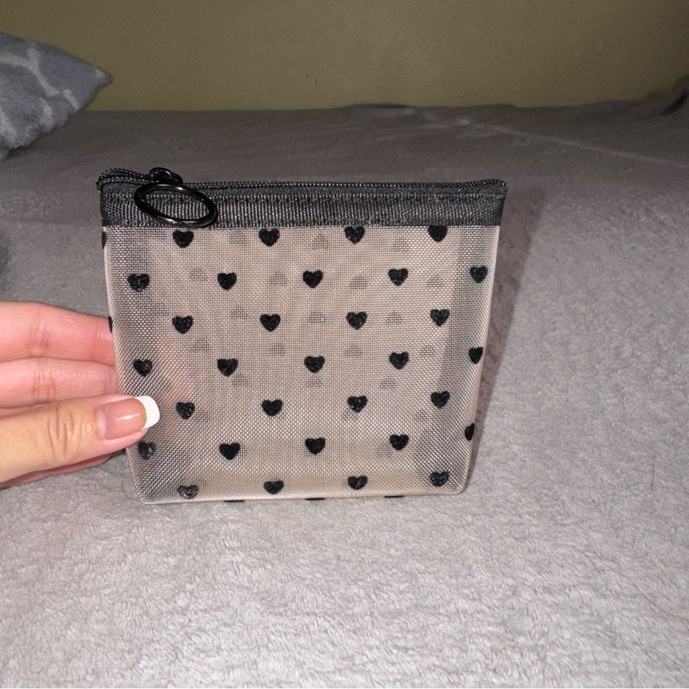 Clear Mesh Coin Purse with Black Heart Print